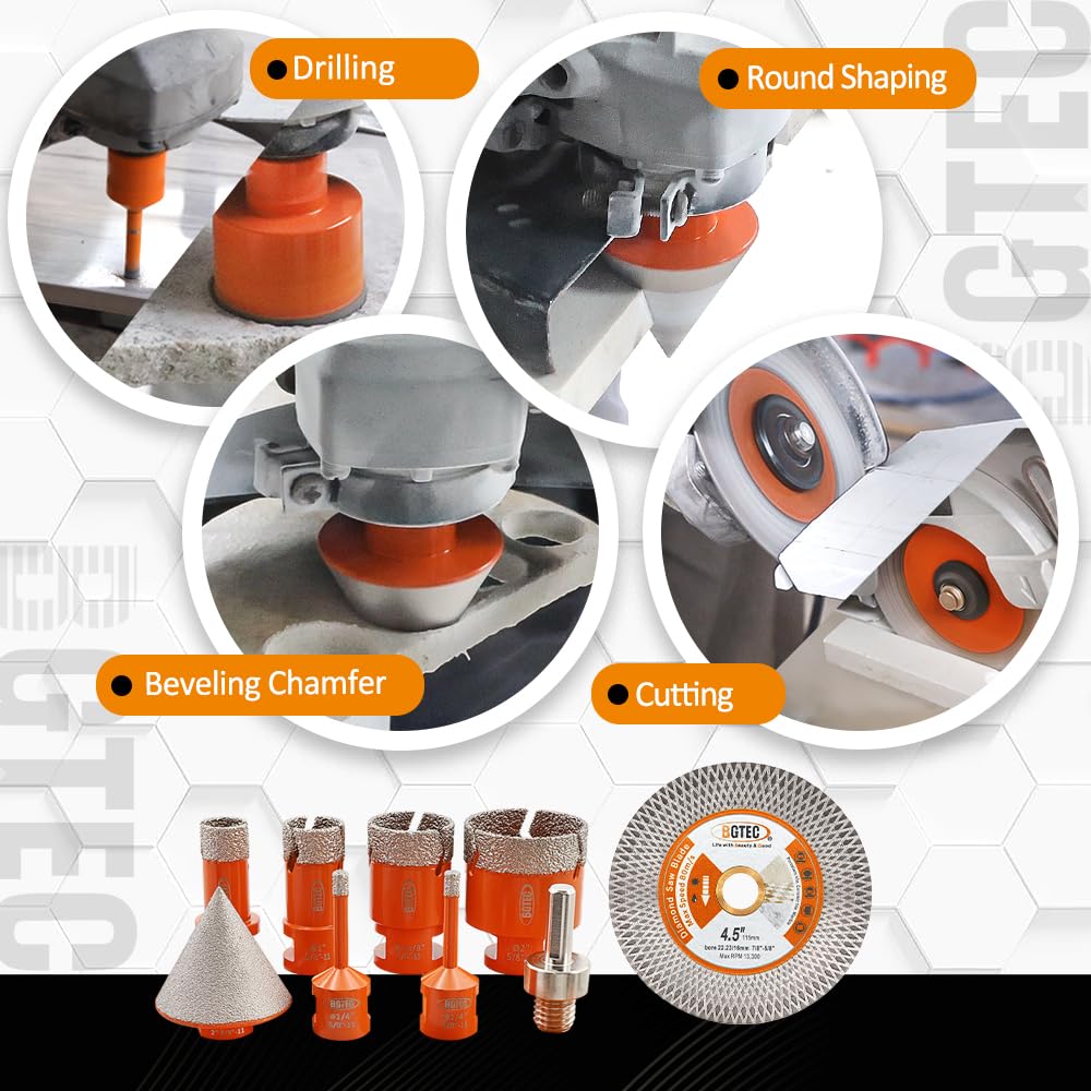 BGTEC Diamond Hole Saw Kit - 9PCS 6/6/20/25/35/50mm Drill Bits + 50mm Chamfering Bit + Adaptor + 115mm Tile Blade for Porcelain Tile Ceramic Granite Marble Stoneware