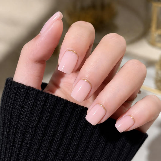 evpct Nude Pink French Press on Nails Short Square, Short Gold Foil Stick on Nails for Women Gift,Nude Pink Glossy Fake Nail Reusable Soft Gel Press on Acrylic Fake Nail kit with Gold Line Design
