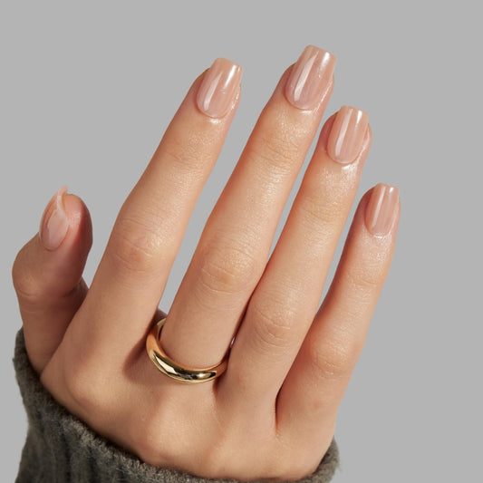 LAMIMOSA 32Pcs Chrome Nude Press On Nails Short Square - Soft Gel Fake Nails in 16 Sizes, Reusable Glue on Nails kit in Glazed Finish, CHAMPAGNE