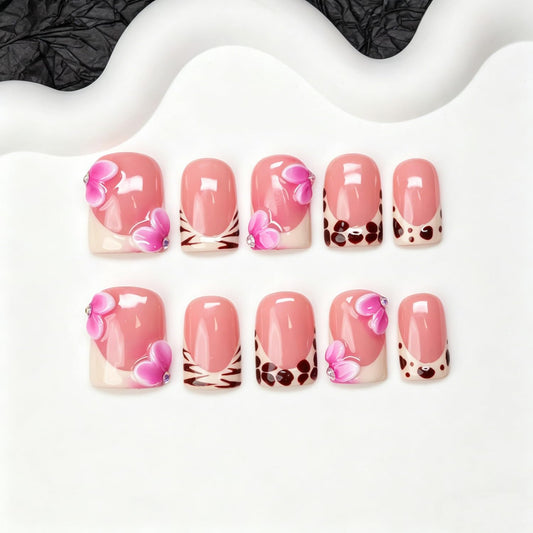 Luxury Handmade Press on Nails Pink White Gradient 3D Flower Fake Nails Stylish Short Square with Classic Leopard French Tip False Nail Thick Muti-Layer Gel Acrylic Stick on Nails for Women (S)