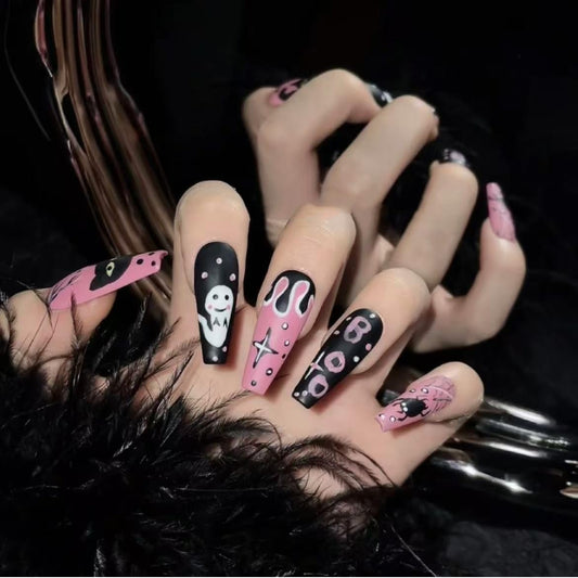 10Pcs Halloween Handmade Press on Nails Square Fake Nails with Cute Black Cat Designs Spooky Ghost Spider Web False Nail Matte Pink Black Full Cover Acrylic Nails for Women (MT-160-L)
