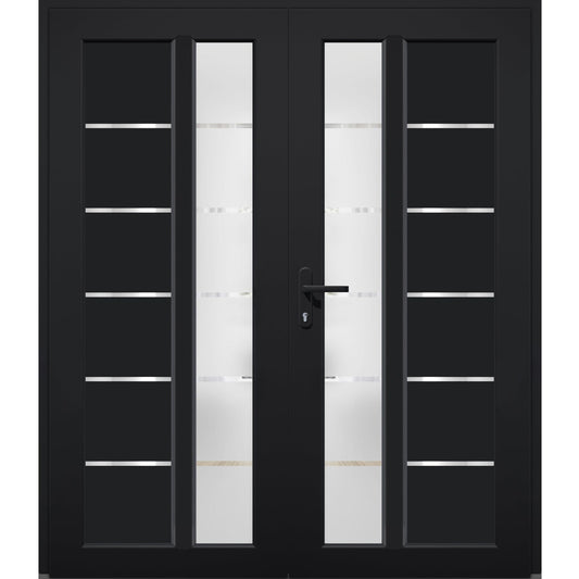 VDOMDOORS Front Exterior Prehung Metal-Plastic Double Doors/MANUX 8088 Matte Black/Residential Doors Entrance Patio Garage 72 x 80