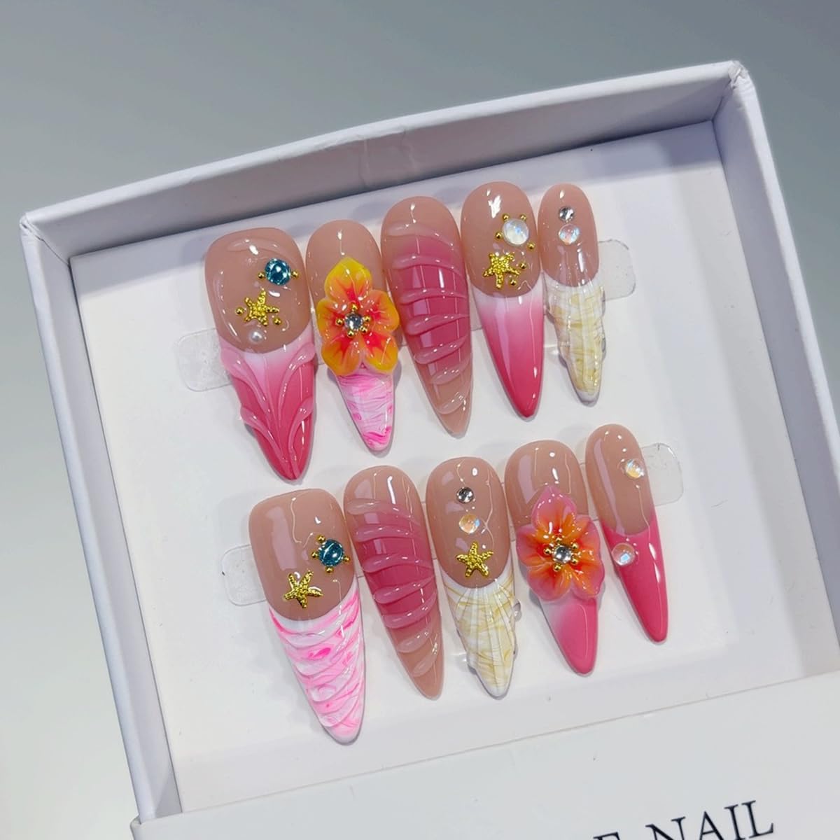 Handmade Press on Nails Long Stiletto False Nails Pink French Tip Fake Nails with 3D Flower Beach Designs Sparkly Charm luxury Artificial Nails for Women 10Pcs (Size M）