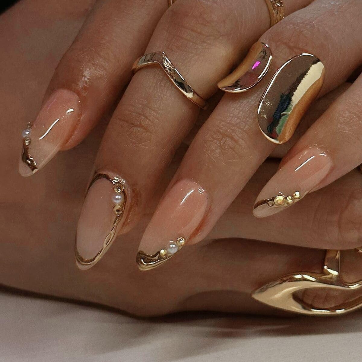 CTTHNBD Press on Nails Almond - French Tip Fake Nails with Gold Line Design - Medium Fasle Nails Press ons - for Women 24 Pcs