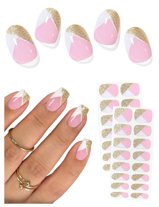 AutyaMee Semi Cured Gel Nail Strips (Gold Glitter French), White, 30 Pcs Gel Nail Wraps, Stickers, UV Light Required