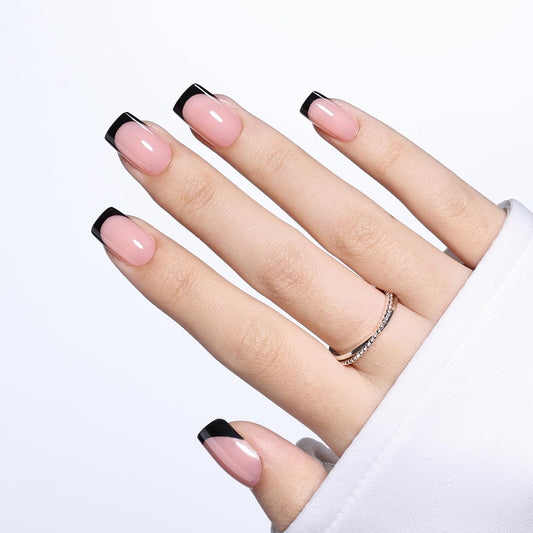 Black French Tip Press On Nails Square- Black Short Fake Nails, Square Press On Nails Reusable Stick On Nails in 16 Sizes, 32pcs False Nail Kit for Women & Girls