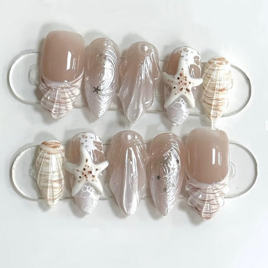 30Pcs Summer Press on Nails Medium Almond Fake Nails with 3D Starfish Water Ripple Designs Ocean Shell French Tip False Nails White Sea Wave Acrylic Nails Beach Vacation Stick on Nails for Women Girls