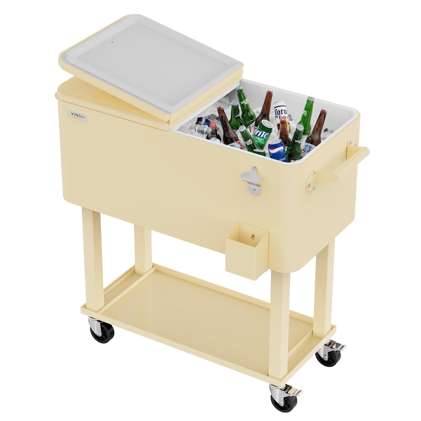 VINGLI 80 Quart Rolling Ice Chest, Portable Patio Party Bar Drink Cooler Cart, with Shelf, Beverage Pool with Bottle Opener (Beige)