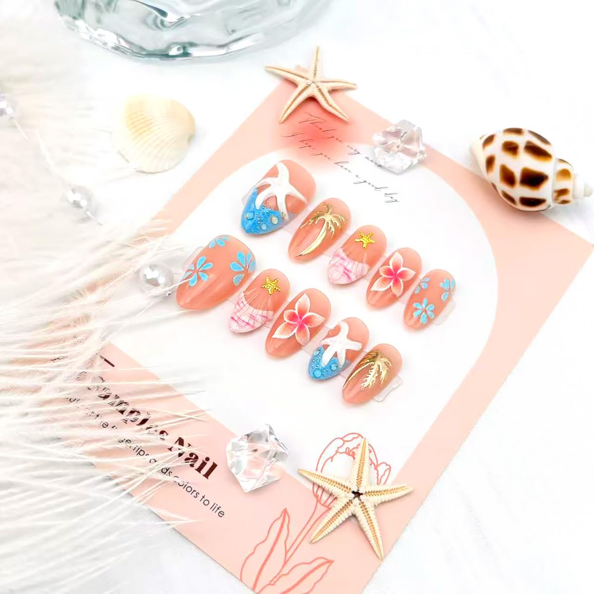 30Pcs Summer Press on Nails Medium Almond Fake Nails with Gilding Coconut Tree Design Blue Glitter French Tip False Nails Starfish Artificial Stick on Nails Full Cover Glue on Nail for Women Manicure