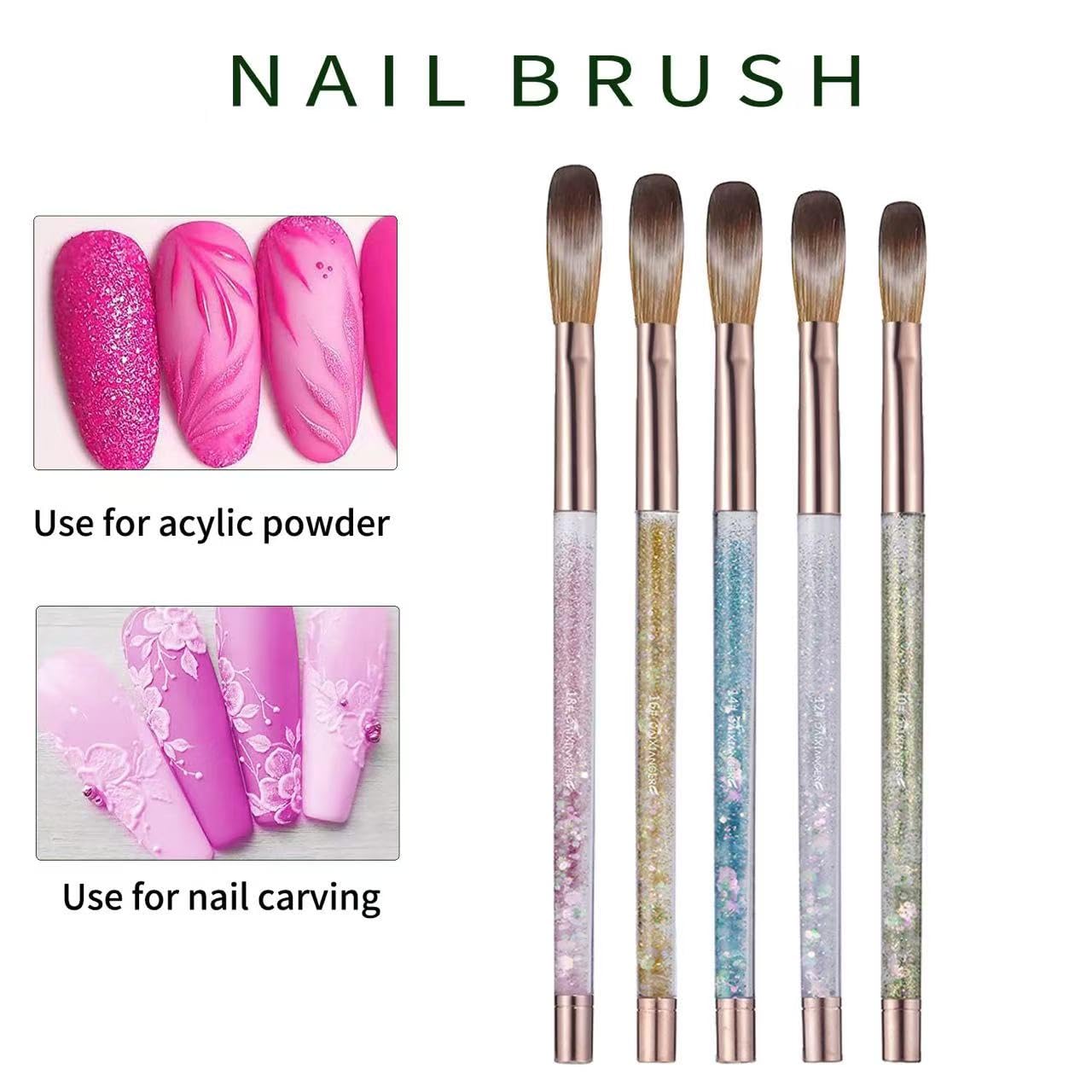 Acrylic Nail Brush Set, Size #10#12#14#16#18 Nail Sculpting Brushes with Dual-Ended Stainless Steel Nail Brush & Cuticle Pusher, Professional Manicure Kit for Acrylic Application & DIY Manicure