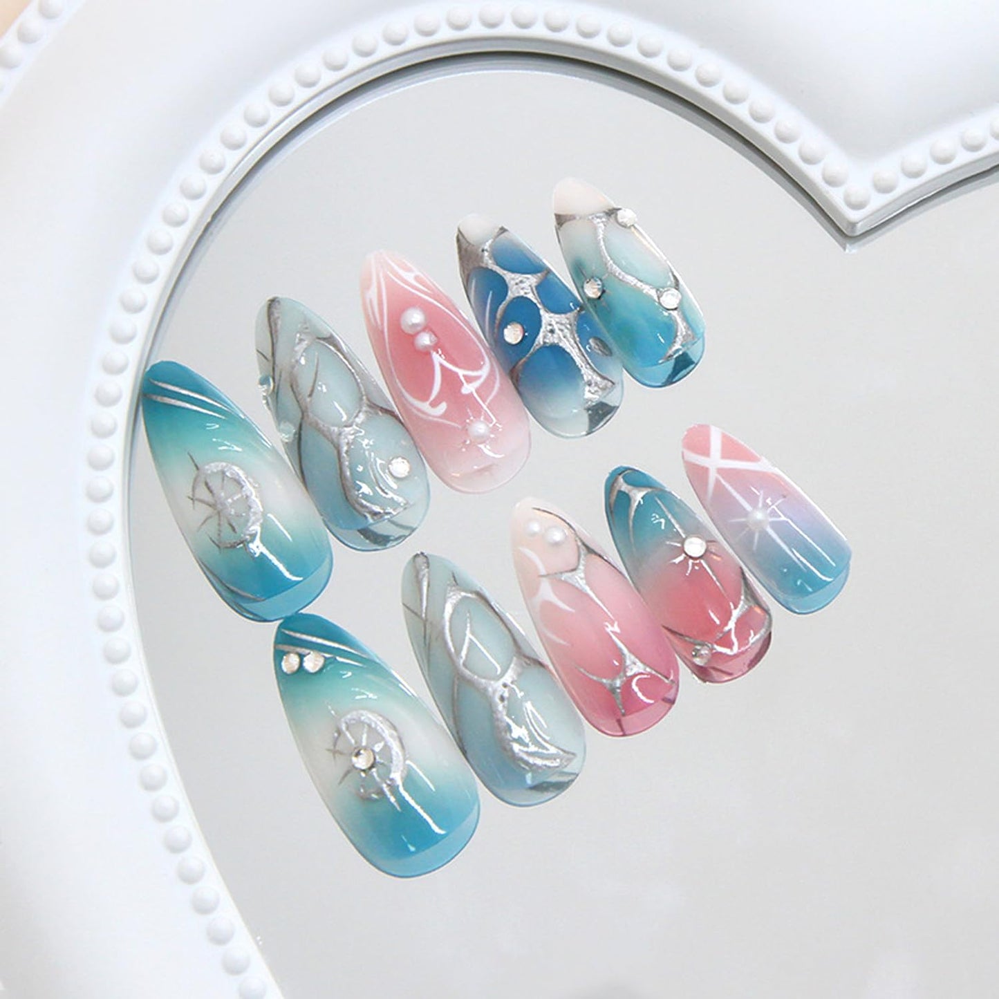24Pcs French Tip Press on Nails Almond Medium Fake Nails with Irregular Line Star Pearl Gradient Blush False Nails Glossy Full Cover Artificial Glue on Nails Cute Stick on Nail for Women DIY Manicure