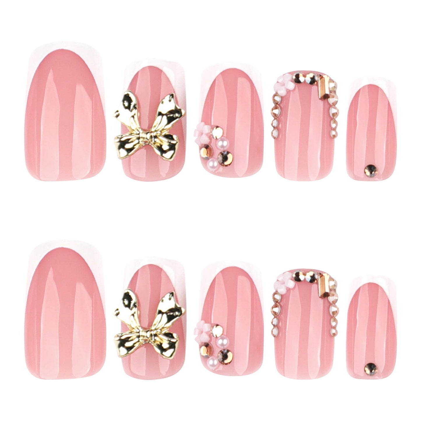 CTTHNBD Short Press on Nails Square - White Fake Nails with Bow Design - Rhinestone, Shiny Full Cover Stick on False Nails for Women 24 Pcs