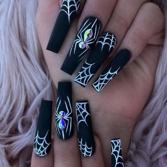 Halloween Press on Nails Long Coffin White Spider Web Fake Nails with Rhinestones Stick on Nail Black Full Cover Acrylic Nails False Nails for Women Girls 24Pcs