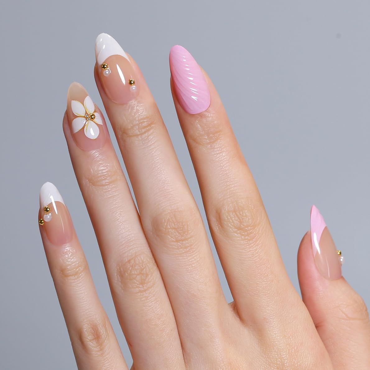 Goolich Bright Pink French Tip Press On Nails Short Almond, Bead with 3D Floral Mermaid Nails Press ons Set with Adhesive Tabs, 24 Pcs 12 Size Reusable Full Cover Glue on Nails for Women
