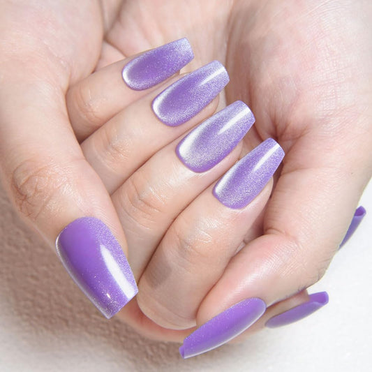 evpct Violet Purple Cat Eye Coffin Press on Nails Medium Square No Glue, Medium Square Stick on Nail for Women, Purple Metallic Glitter Glossy Reusable Soft Press on Acrylic Fake Nail with Designs