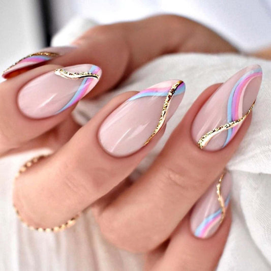 YoYoee Short Nude Nails Tips Swirl French False Nails Almond Press on Nails Full Cover Cute Fake Nails for Women and Girls 24PCS
