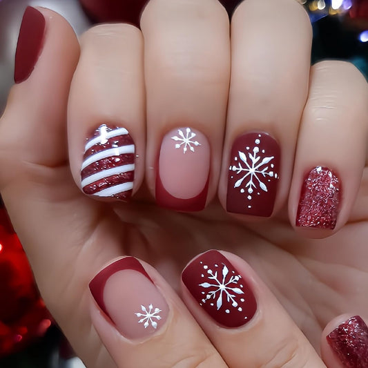 24 Pcs Christmas Press on Nails Short Square French Fake Nails White and Red Stripes Designs Winter Snowflake False Nails Full Cover Red Glitter Stick on Nail Sparkly Acrylic for Women