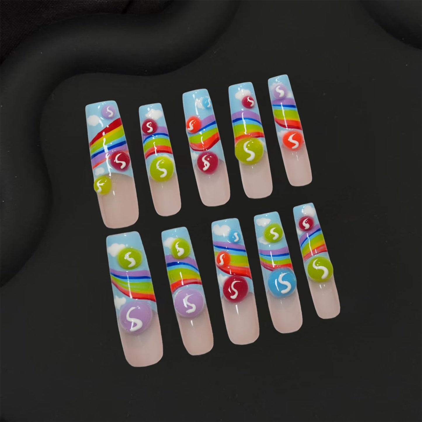 GREENTEA Handmade Nail Summer Rainbow Skittles Design Press-On Nails, Long Coffin Style with Clou d, Custom Nail Art Set,10 Pieces,Size-M