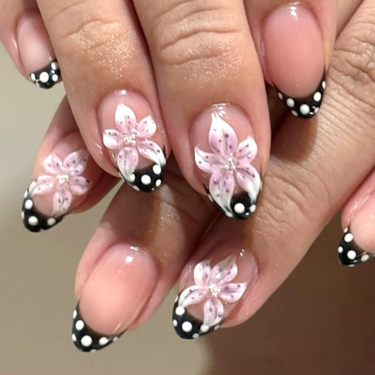 Mivota Luxury Soft Gel Press On Nails Short Almond French Tip Nude Pink with 3D Flower & Polka Dot Design, Reusable Glue On Fake Nails for Women, Salon Quality Manicure Set