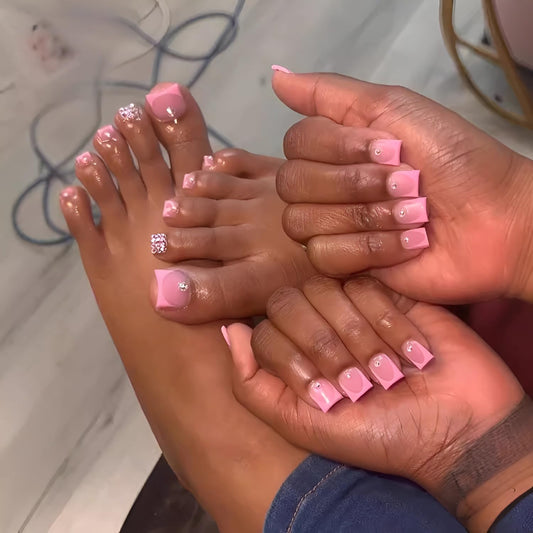 48Pcs Pink French Tip Press on Nails Short Square Fake Toe Nails Pink Nails Press Ons Rhinestones False Toenails Glossy Glue in Nail French Tip Stick on Toenail for Women Decorations Set