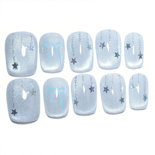 10 Pcs Short Square Handmade Press On Nails | Light Blue Bow & Iridescent Star Design | Reusable Easy Apply Salon-Quality Manicure for Women & Girls Daily & Party Wear (RR05, M)