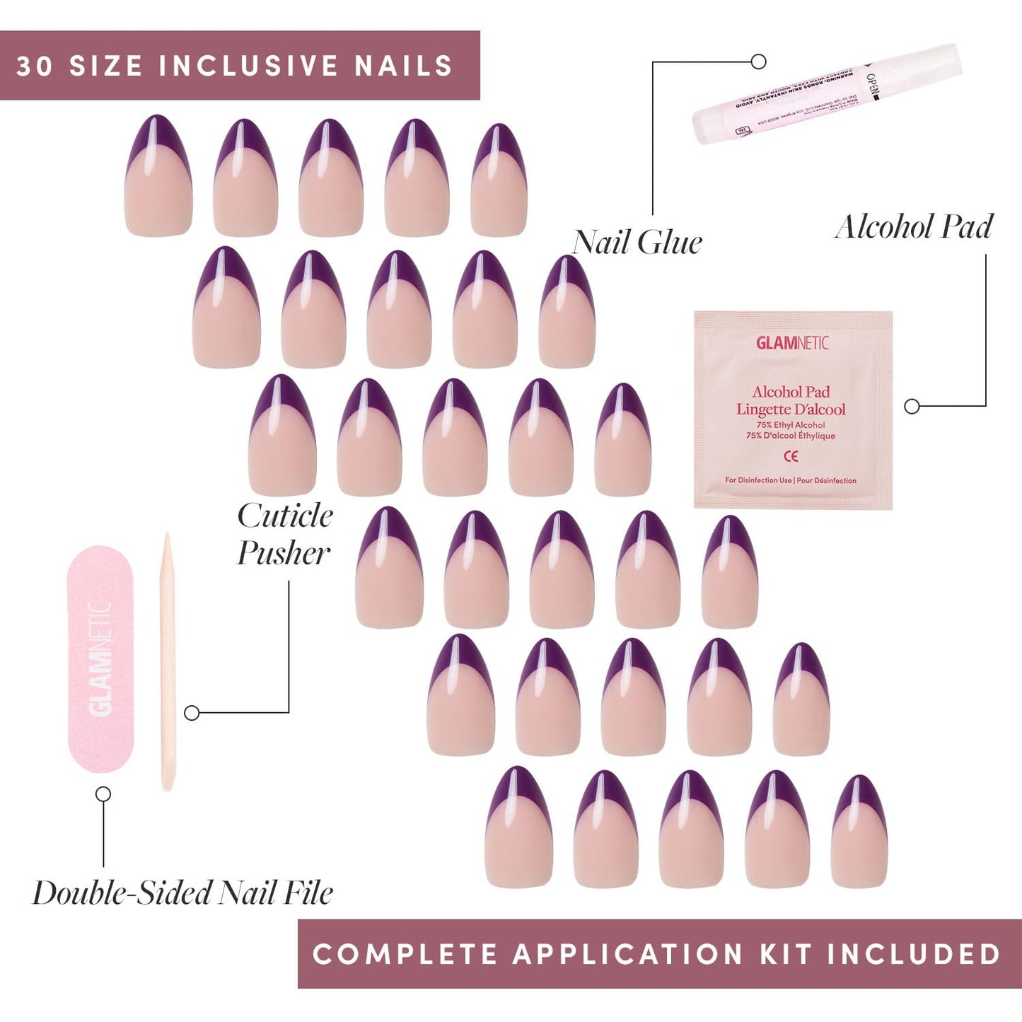 Glamnetic Press On Nails - Plum | Semi-Transparent Dark Purple French Tip Short Almond Fake Nails in a Glossy Finish, Salon Quality | 15 Sizes - 30 Nail Kit