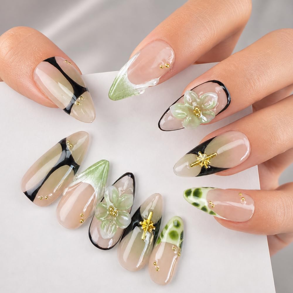2IM Studio Handmade Press On Nails – 10 Piece Soft Gel Nail Kit with Glue & Tool Set, Reusable Artisan Nails, Salon-Quality Finish (Verdant Edge-S)