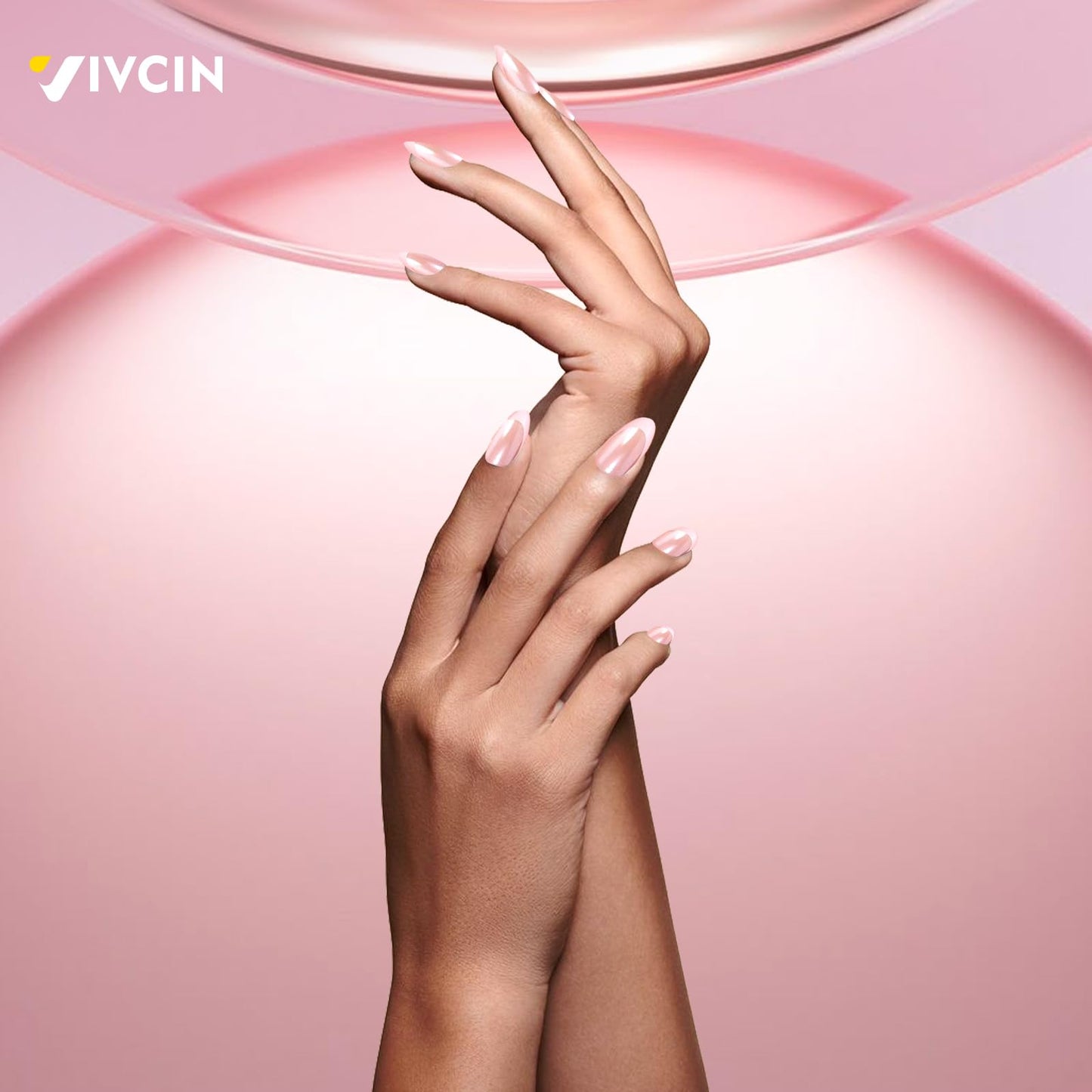 VIVCIN Press On Nails Kit with Nail Lamp,Pink French Tip Short Almond Gel Nails 24Pcs 16Sizes,All-in-One DIY Kit with Glue Remover Top Coat Cuticle Oil Mini UV Lamp,28+Days Long Lasting,Gift for Women