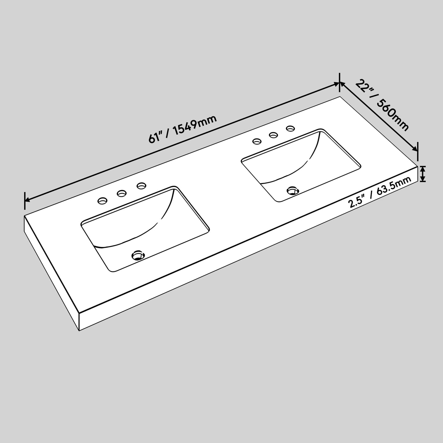 Furinno VATO Double Bathroom Vanity Top, 61W x 22D x 2.5H Porcelain Double Vanity Sink Top, with Pre-Drilled Holes for Faucets, Carrara White