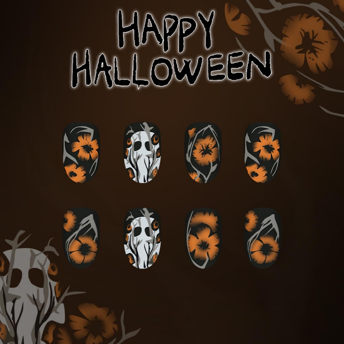 24Pcs Halloween Press on Nails Short Almond Fake Nails with Ghost Yellow Flower Design Stick on Nails Spooky False Nails Handmade Full Cover Acrylic Glue on Nail for Women Girl Nail Art Decoration