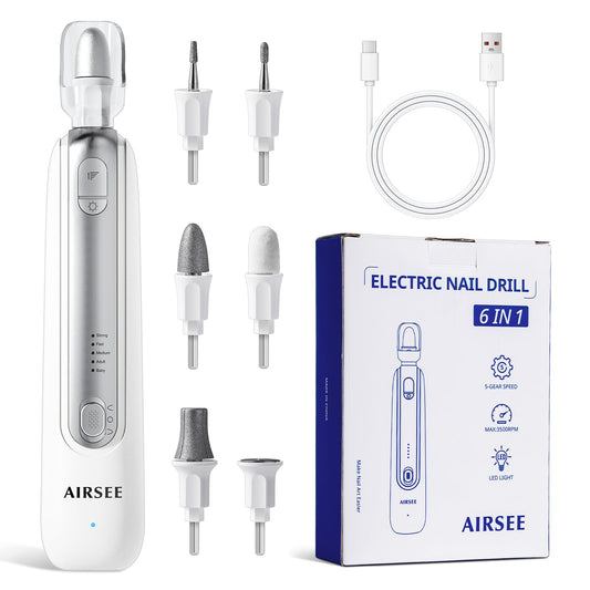 AIRSEE Electric Nail File Set Cordless Nail Drill Machine,5 Speeds Hand Foot Care Tool for Nail Grind Trim，Sliver
