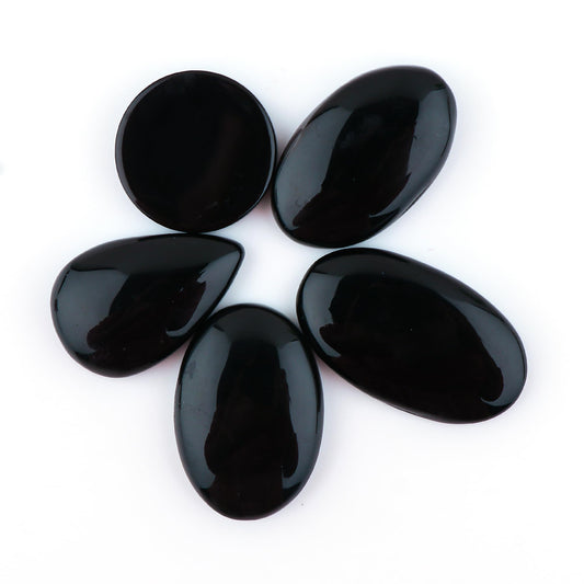 CRYSTALINES 5pcs, Genuine Black Onyx Gemstone, Bulk Flatback Cabochon Stone, Chakra Healing Crystal Lot, Wholesale Loose Supplies for DIY Jewelry Making, Wire Wrapping, Gem Collection
