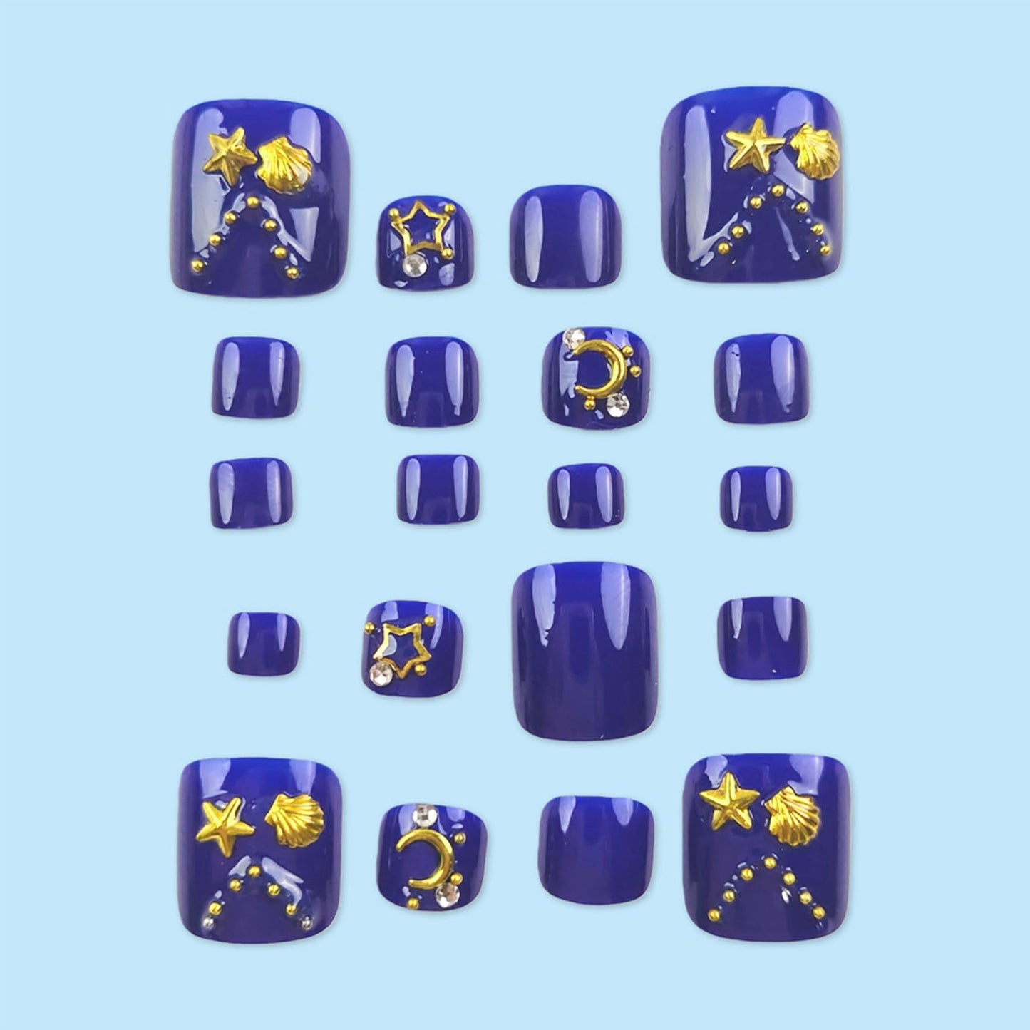 Navy Blue Press on Toenails with Shell Starfish Charms Gold Star Moon Design Fake Toe Nails Glossy Acrylic Toenails Artificial Toe Nails Glue on Summer Press on Toes for Women 24Pcs