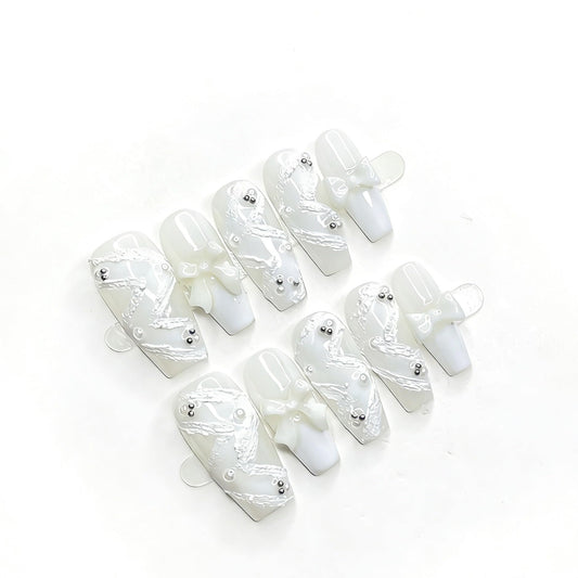 Vseegrs White Handmade Press on NailsMedium Coffin 3D Bow Artificial False Nails with Designs Embossed Charms Acrylic Nail Press ons BridePress on Nail Kit for Women 10pcs (L)