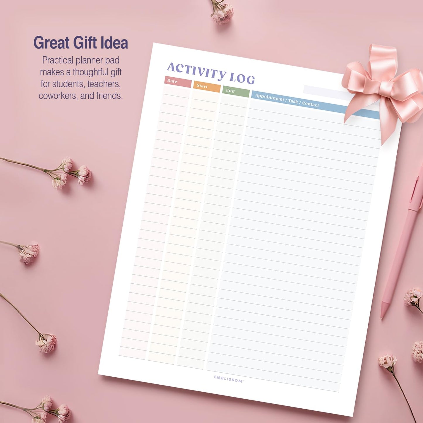 Activity Log Notepad 8.5 x 11 Tear-Off Pad – 70 Undated Sheets Office Project Productivity Planner Contact Action Appointment Task Time Hourly Tracker (White, Colorful, 1 Pack)
