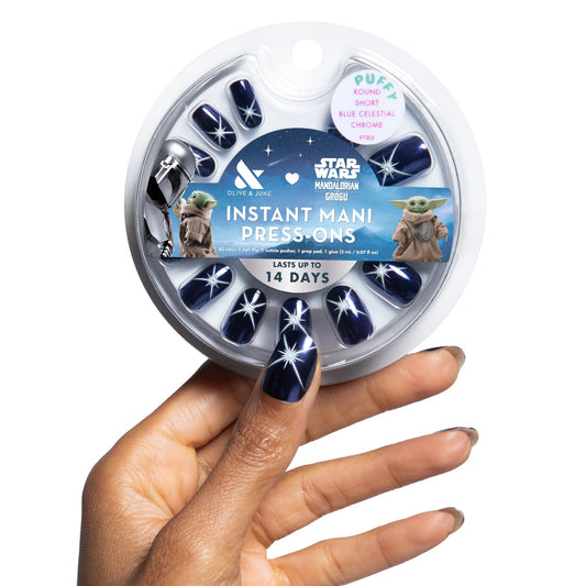 Olive & June Instant Mani Press-On Nails (Glue) | Star Wars: The Mandalorian & Grogu | 42 Fake Nails, 21 Sizes | Non-Toxic, Long-Lasting Up to 14 Days | Short, Round | Blue Celestial Chrome