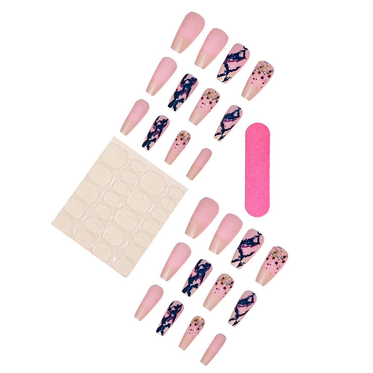 Vezocim Press on Nails Medium Square Shapes 24Pcs Glossy Full Cover Medium Acrylic Pink Square False Nails with Blue Marble Designs Artificial Coffin Fake Nails Glue ons Fingernails for Women