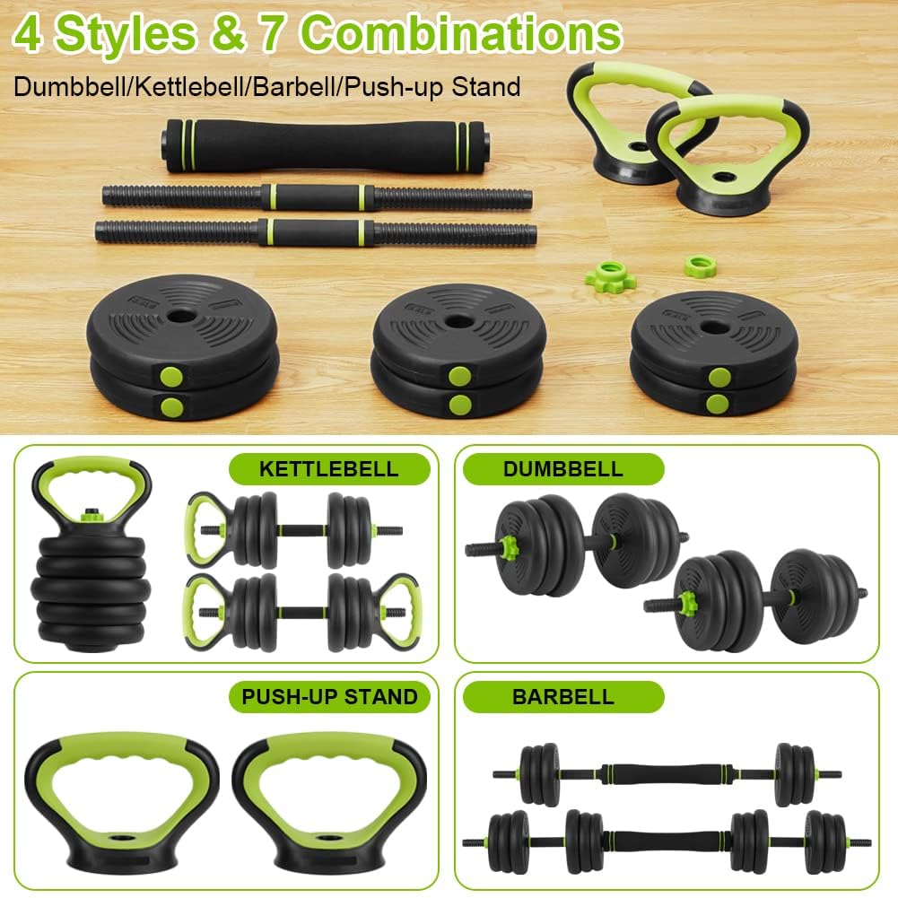Adjustable Dumbbell Set,88Lbs Free Weight Set with Connector, 4 In1 Dumbbells Set Used As Barbell, Kettlebells, Push Up Stand,Green and Black,Round