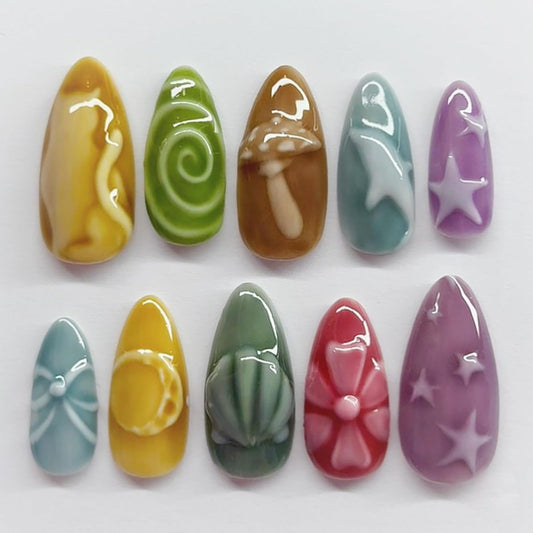Press on Nails Medium Almond SWEKKE Fake Nails False Nails with Mushroom Stars Bow Flower Shell Designs Glossy Glue on Nail Full Cover Acrylic Nails for Women Girls 24Pcs
