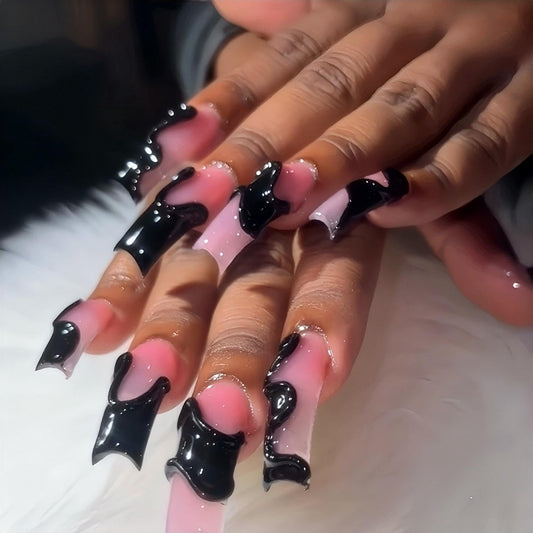 Rchovsam xl Long Press on Nails Square French Tip Fake Nails Curve Type Designs Nails Press Ons 3D Black Stripe Stick on Nails Full Cover Artificial Nails Gift for Women 24pcs