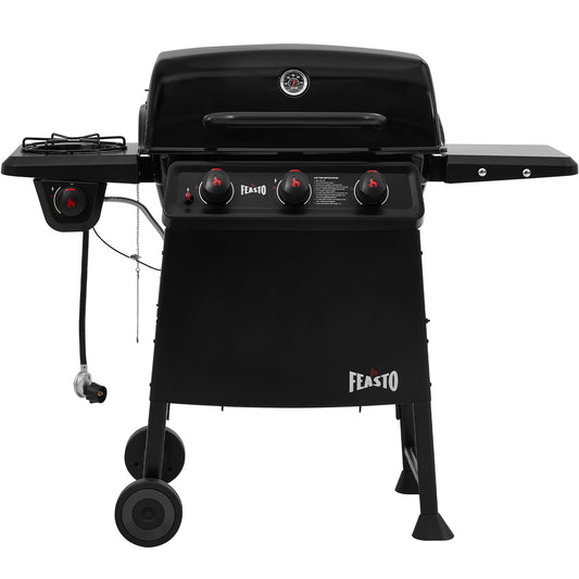 Feasto 3 Burner Propane Gas Grill with Side Burner, Porcelain-Enamel Main Body and Lid, Propane BBQ Grill with 38,000 BTUs Output & Side Table for Patio, Backyard, Poolside Gatherings