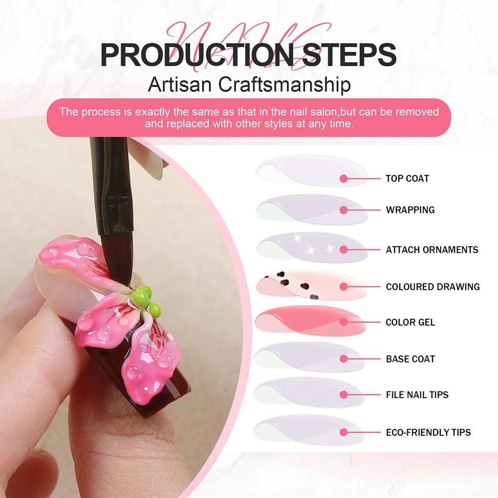 Handmade Press on Nails Long Stiletto False Nails Blue Cat's Eye Fake Nails with 3D Flower Designs Sparkly Charm luxury Artificial Nails for Women (Size M）10pcs