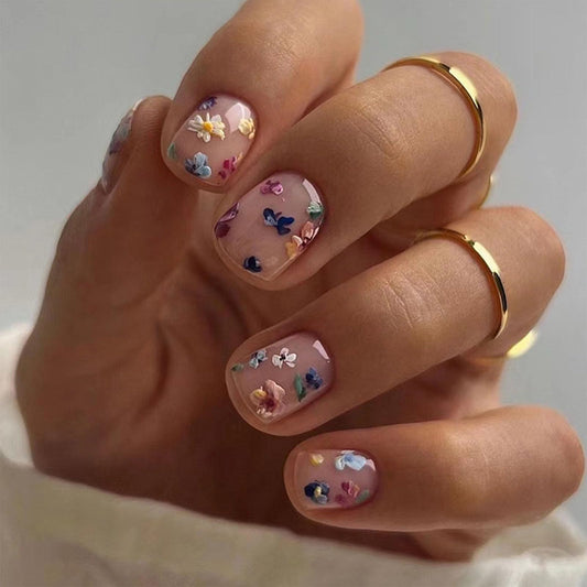 Square Press on Nails Short Cute Flowers Fake Nails Colorful Floral Glossy Acrylic Nails Press ons Full Cover Spring and Summer Stick Glue on Nails for Women Girls 24 Pcs