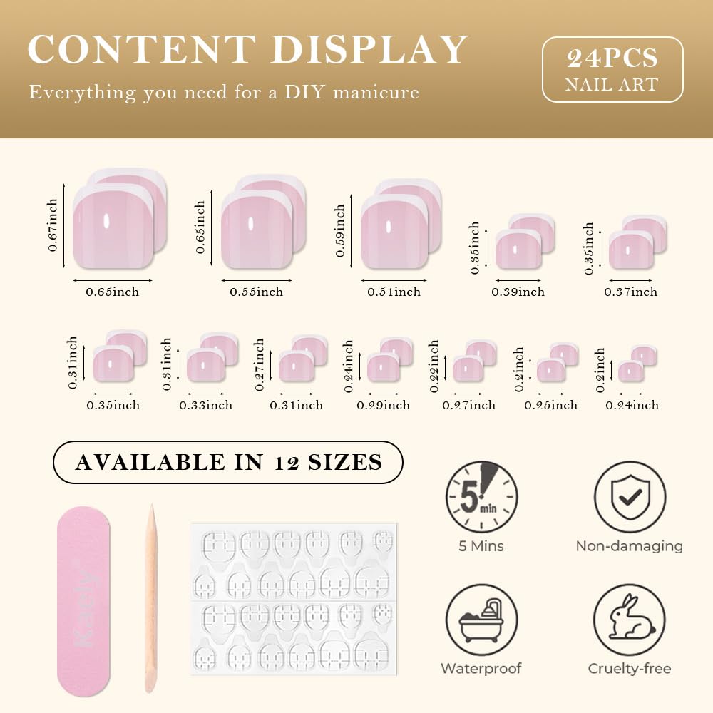 evpct Pink White French Press on Toenails Short Square No Glue, Spring Summer Fake Stick Press on Toe Nails for Women, Soft Stick on Toenail Kit Perfectly Fit Full Cover Reusable Fake Toenails 32Pcs