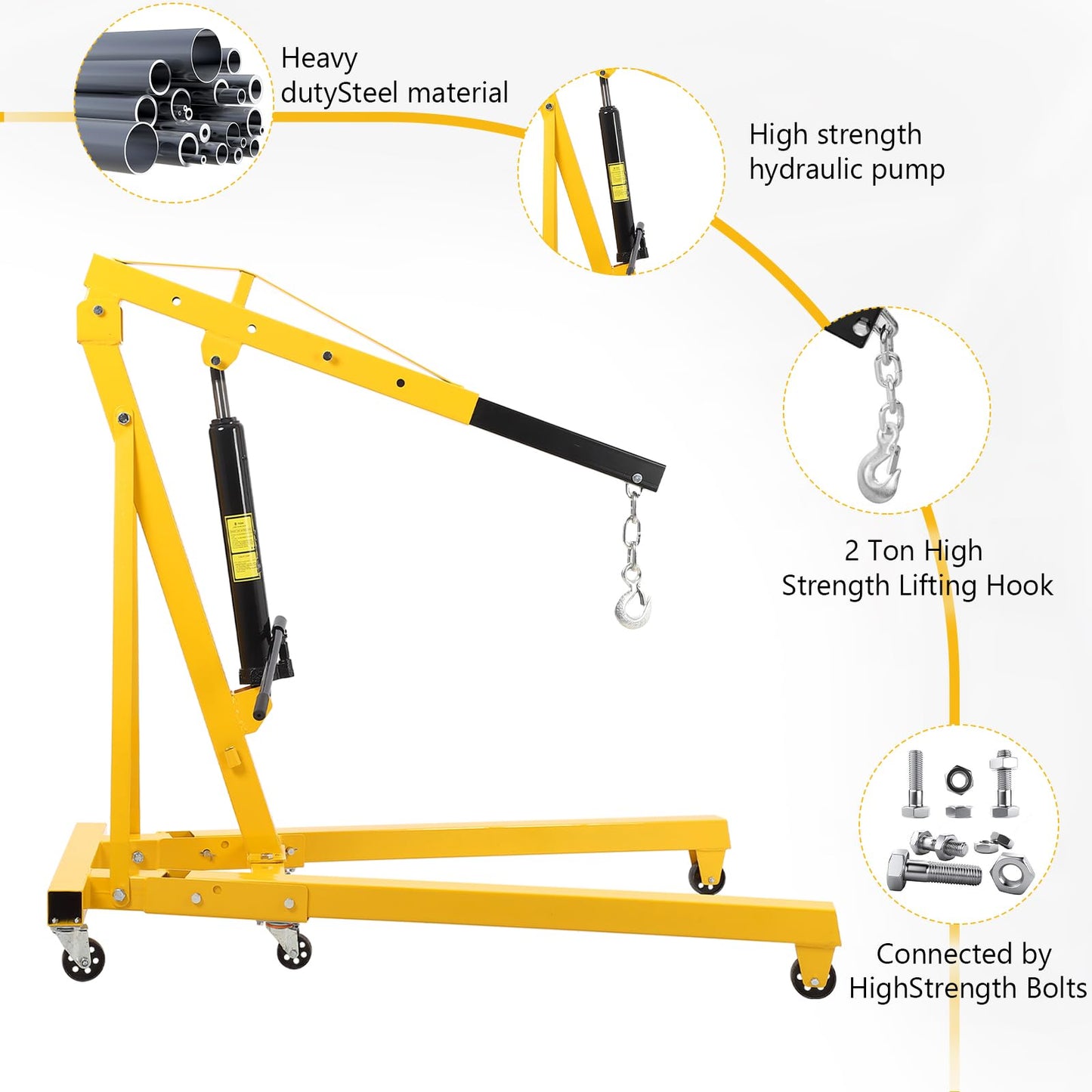 ExploreHorizon 2 Ton Hydraulic Engine Hoist, Heavy Duty Shop Crane with 6 Swivel Casters & Adjustable Cherry Picker Boom, Hydraulic Pump Hoist for Garage Workshop Truck SUV Engines, Yellow