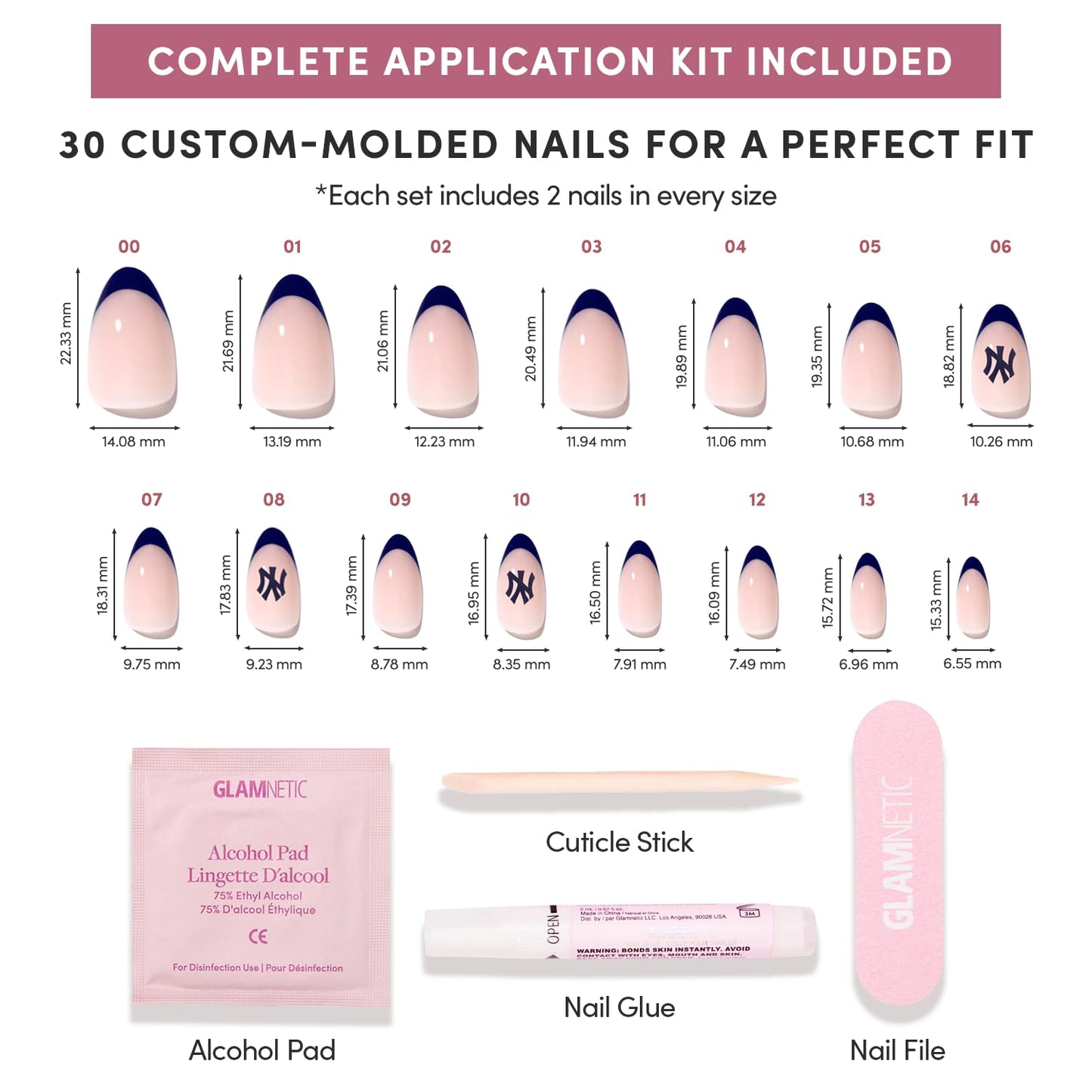 Glamnetic x Fanatics Press On Nails - New York Yankees | Short Almond Fake Nails, MLB Yankees Navy French Tips, Baseball Nails, Salon-Quality | 15 Sizes - 30 Nail Kit with Glue