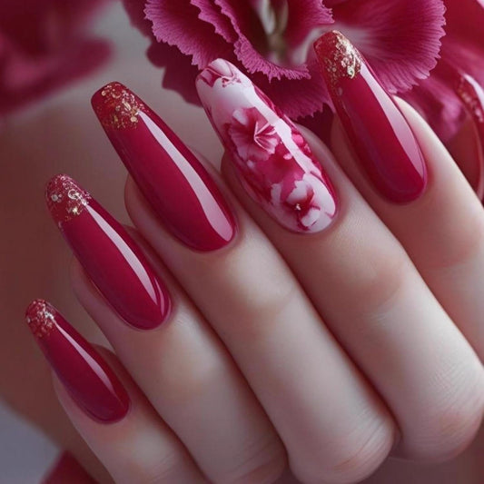 Chunmeng 24 Piece Long Ballet Armor Valentine's Day Rose Red Flower Sparkling Powder Detachable Nail Pressing Smooth, Fashionable Women's Artificial Nails Can Be Reusable