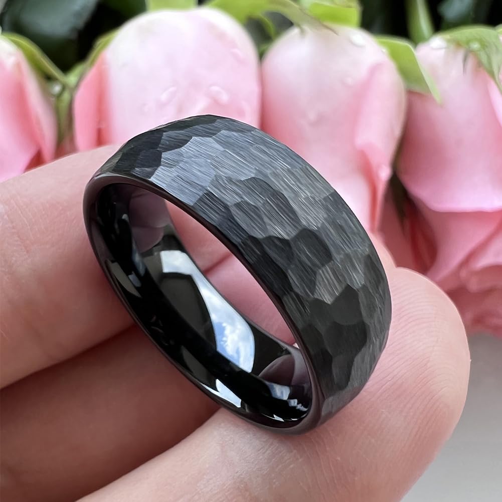 TUTISS 8mm Black Hammered Tungsten Rings for Men Women Fashion Engagement Wedding Bands Domed Matte Finish Comfort Fit Size 7