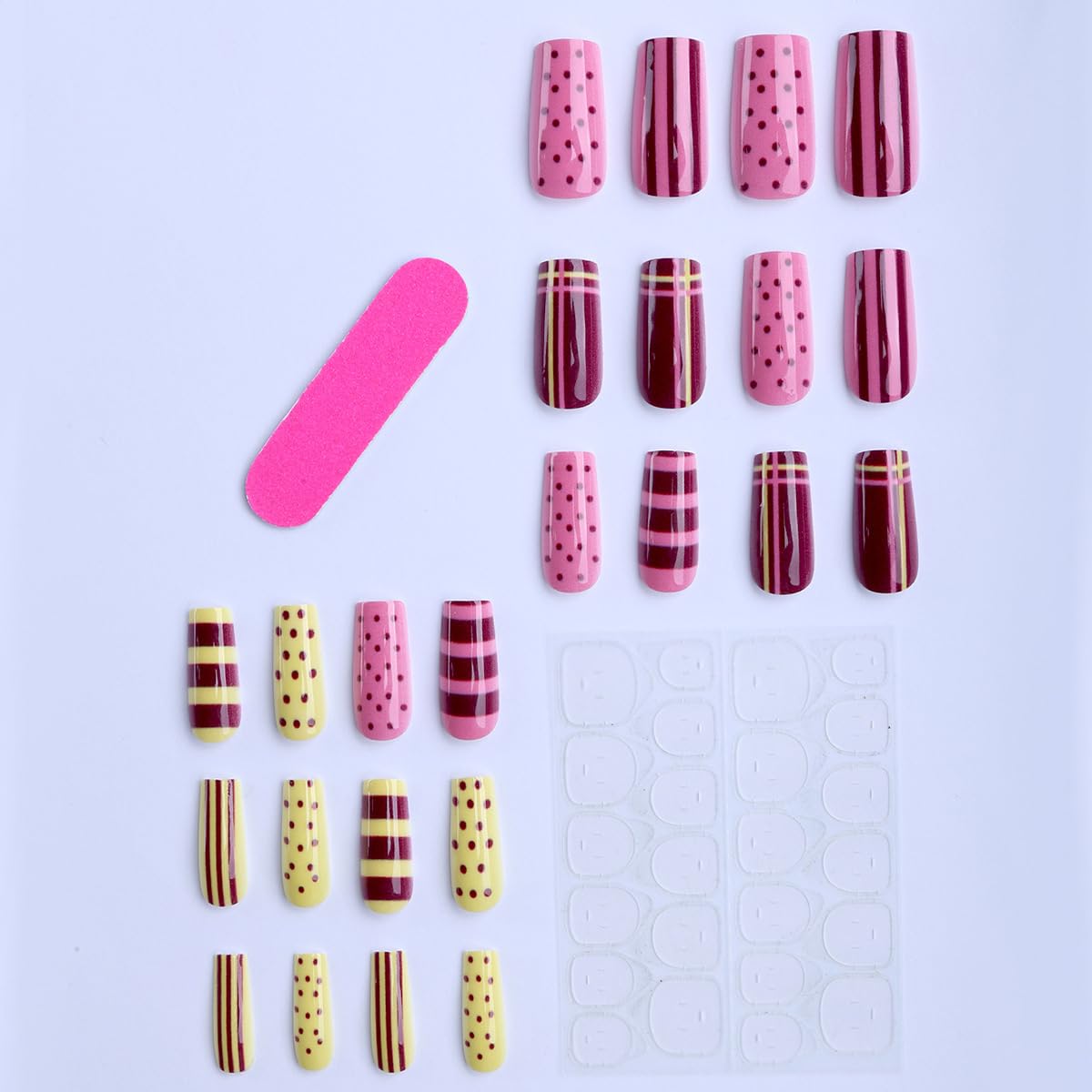 Long Square Press On Nails - Polka Dots & Striped Design, Burgundy, Yellow & Pink Colors, 24Pcs - Y2K Style, Reusable, Easy Apply