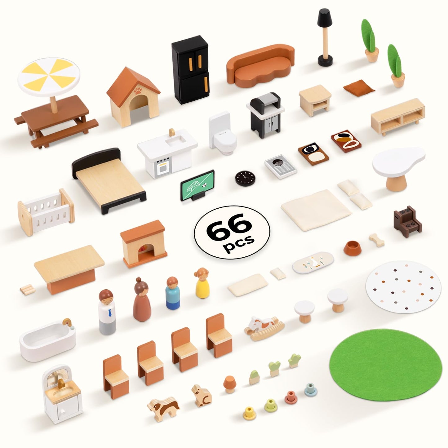 OOOK Wooden Dollhouse, Modern Doll House with 66Pcs Luxurious Furniture Accessories, Including Dolls and Pet Sets, Wood Dollhouse Toy for Boys and Girls 3+